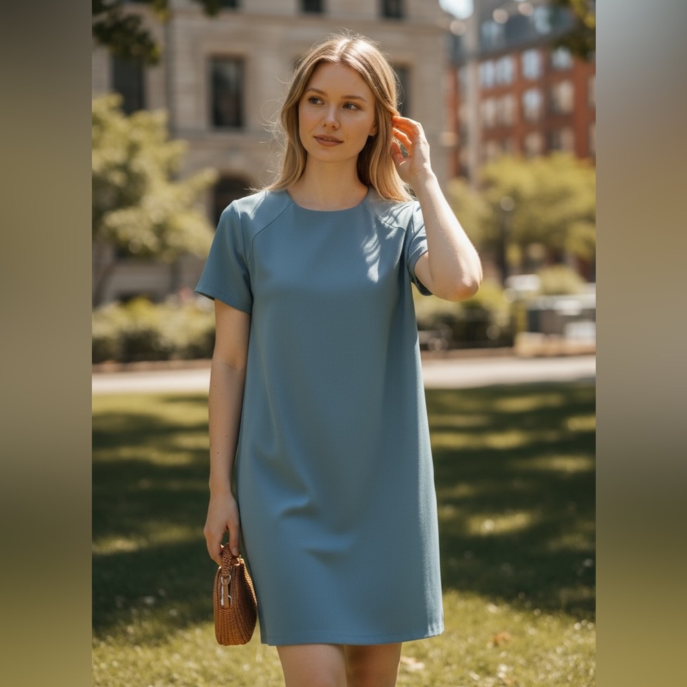 SUISTUDIO Kaylee Dress Women's Round Neck Short Sleeve Lined Mini USA 4-6 Blue